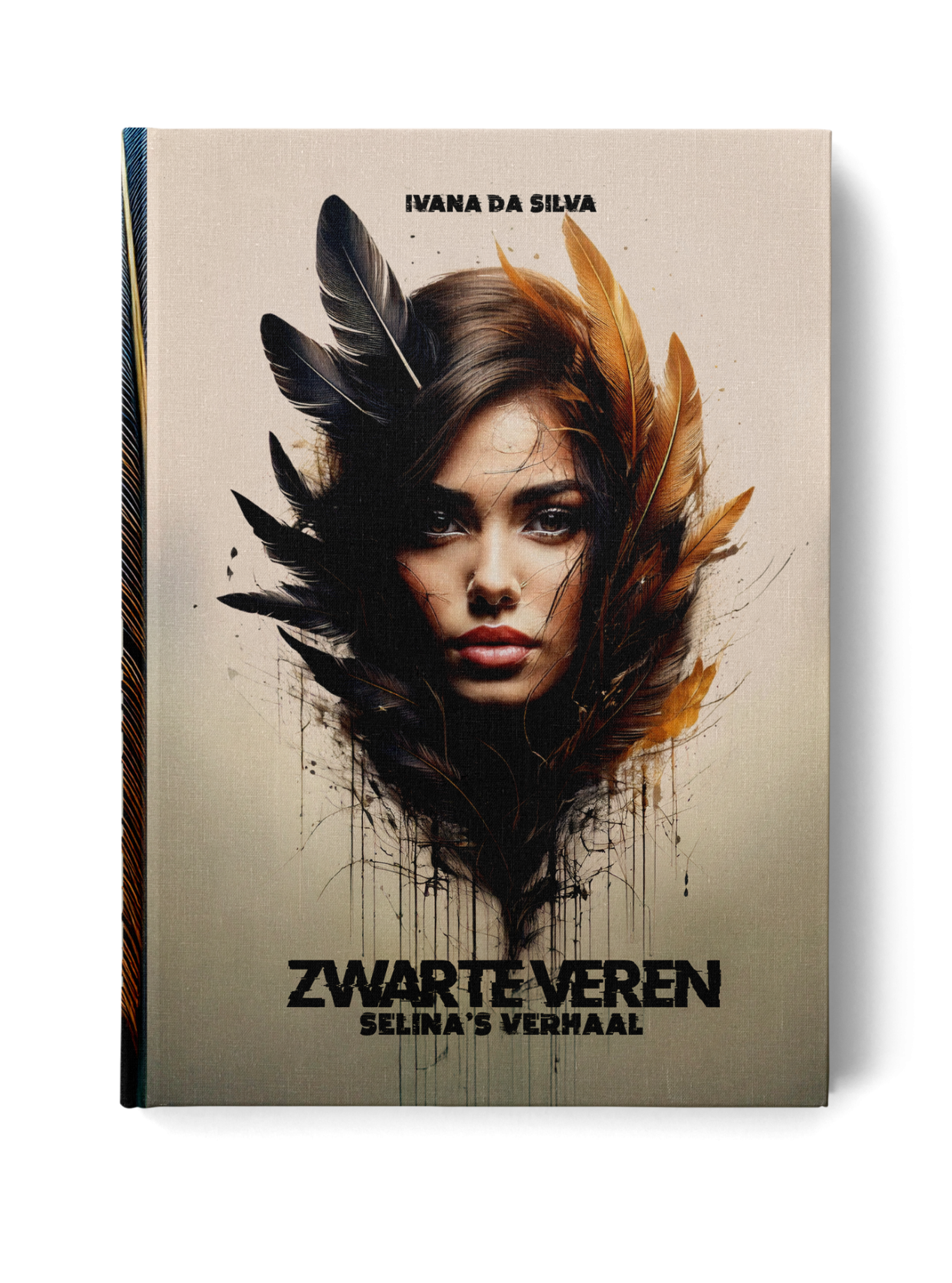 Paperback L Selina's verhaal Boekomslag van "Zwarte Veren" met een vrouw en veren in zwart en bruin.