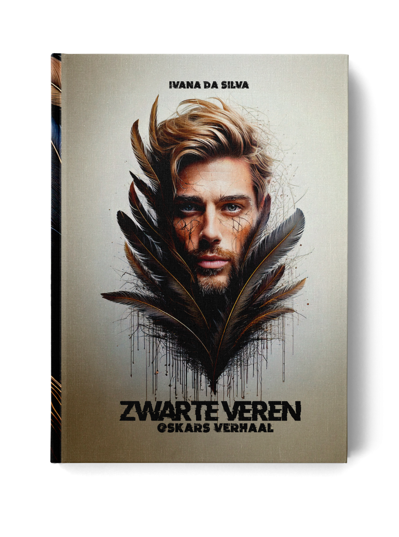 Paperback L Oskars verhaal Een boekomslag met een mannelijke model en zwarte veren rond zijn gezicht.