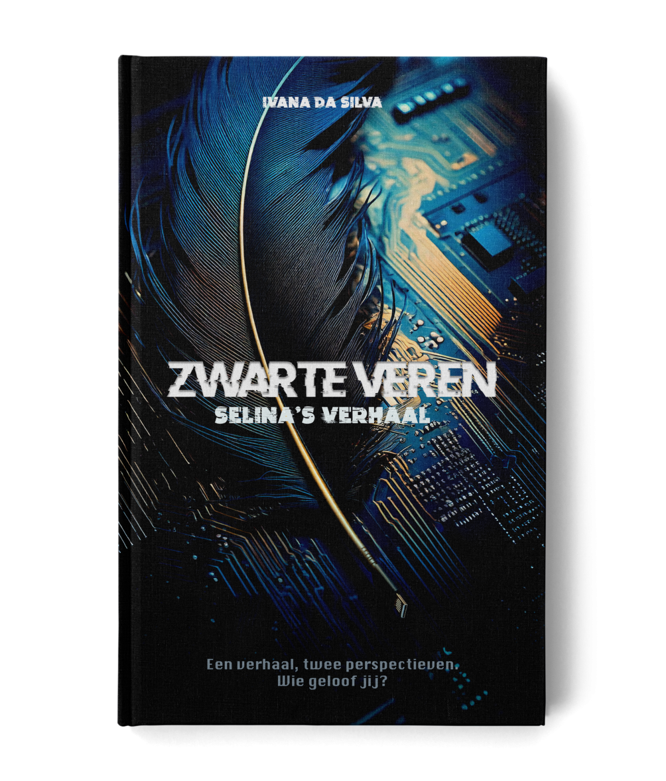 E-Book Selina's Verhaal Boekomslag van "Zwarte Veren" met futuristisch ontwerp en blauwe en zwarte tinten.