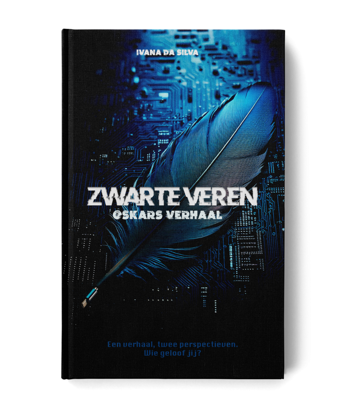 E-book Oskars verhaal Boekomslag met de titel "Zwarte veren - Oda's verhaal" en een grote, zwarte veer op een achtergrond van circuits.