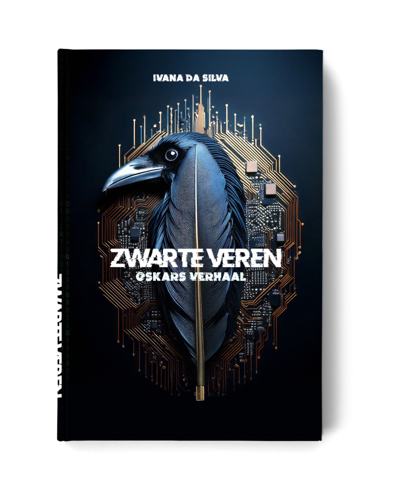 Paperback XS Oskars verhaal Boekomslag van "Zwarte Veren" met een zwarte vogel en abstracte achtergrond.
