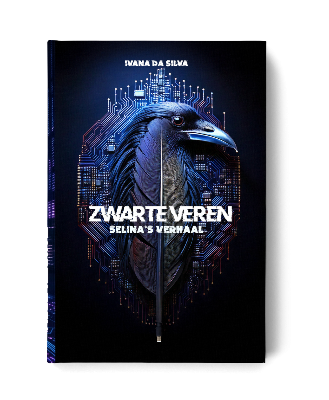 Paperback XS Selina's verhaal Boekomslag van "Zwarte Veren" met een raven en digitale elementen.
